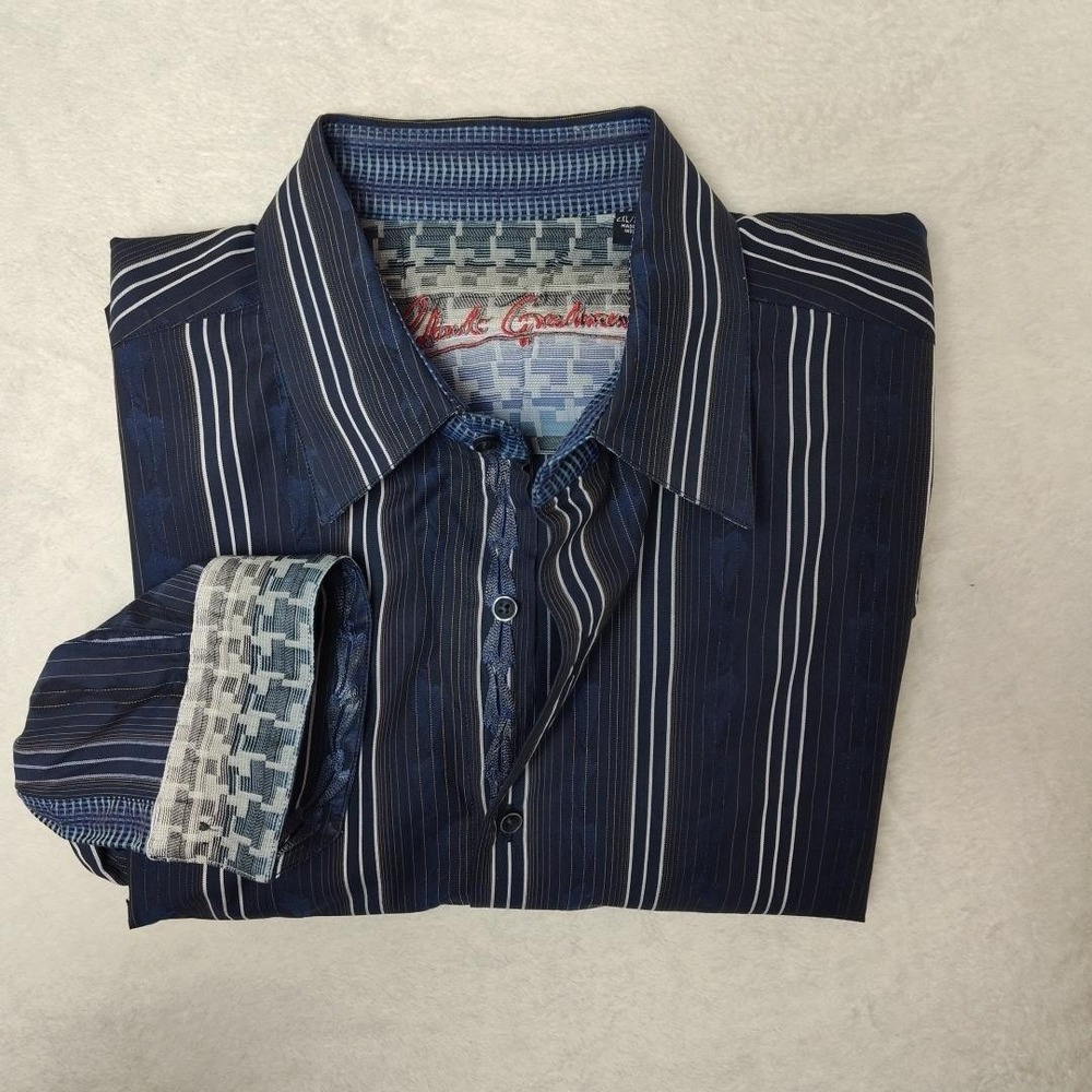 Robert Graham Shirt Mens 2XL Blue Striped Button Up Long Sleeve Cotton Flip Cuff